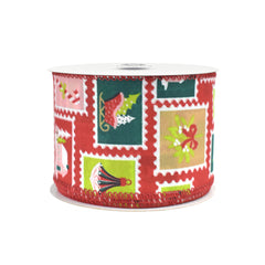 Christmas Icon Stamp Collage Wired Ribbon, 10-yard
