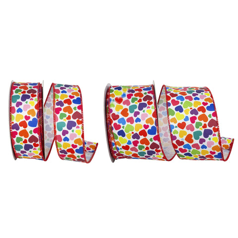 Colorful Rainbow Hearts Twill Wired Ribbon, 10-yard