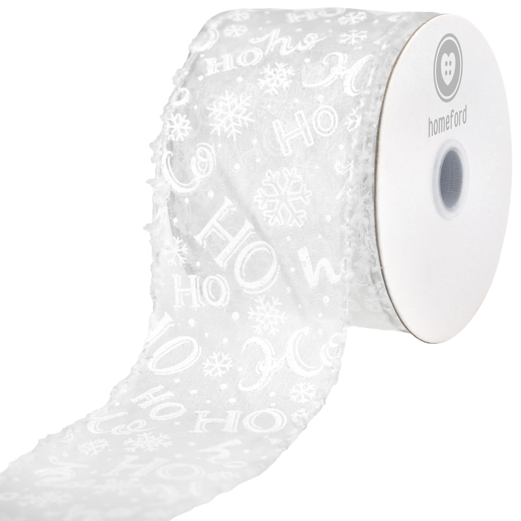 Christmas Ho Ho Ho Organza Fuzzy Edge Wired Ribbon, 10-yard
