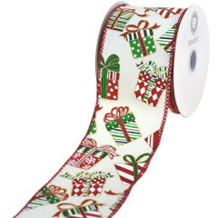 Wrapped Christmas Gifts Faux Linen Wired Ribbon, 2-1/2-inch, 10-yard