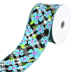 Diagonal Plaid and Flowers Wired Ribbon, 10-yard