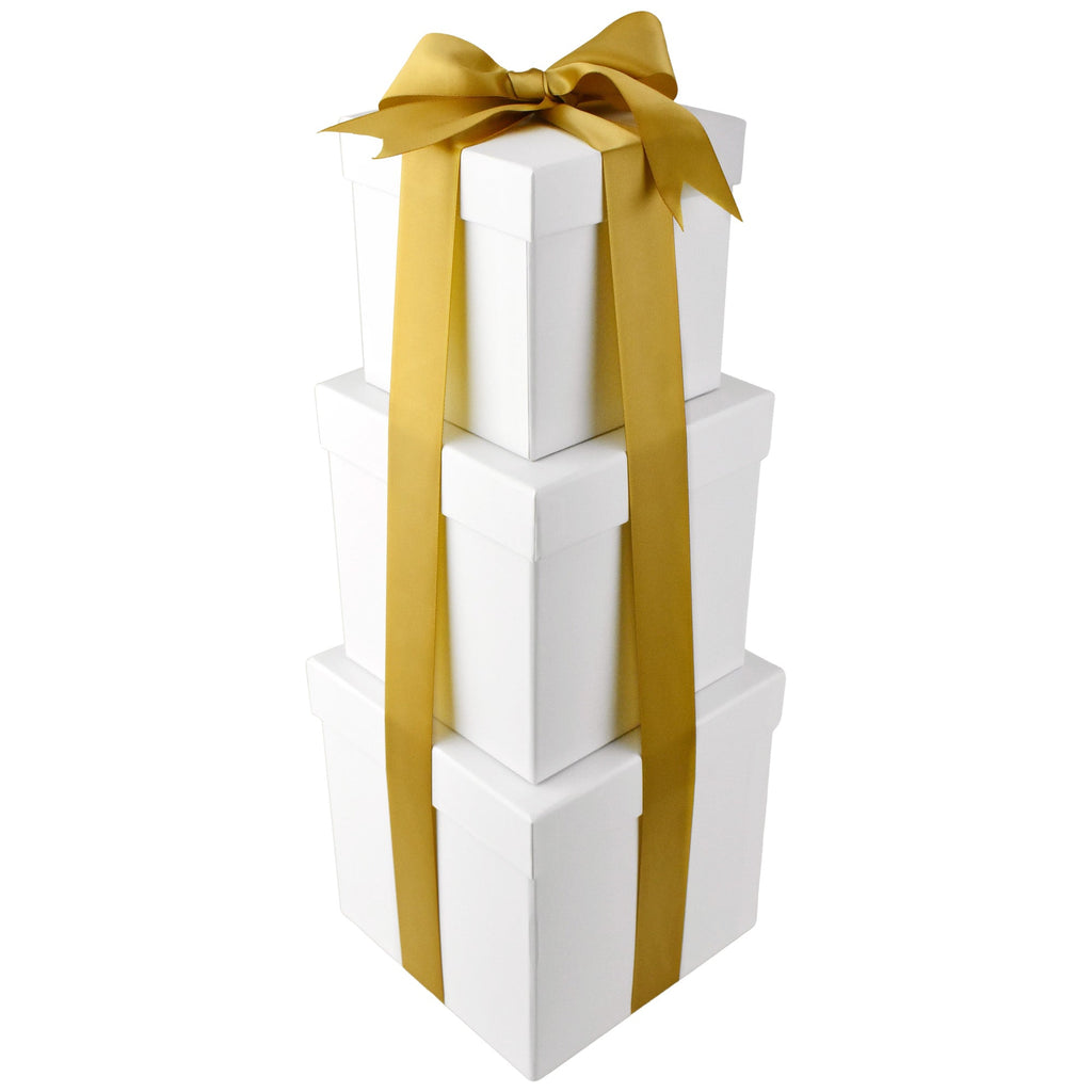 Nested Square Gift Boxes, White, 5-inch, 6-inch, 7-inch, 3-piece, 1.5-inch Satin Ribbon
