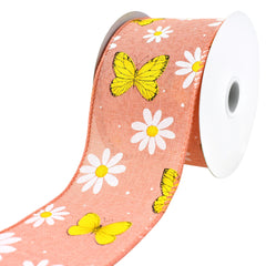 Daisies and Butterflies Faux Linen Wired Ribbon, 10-yard