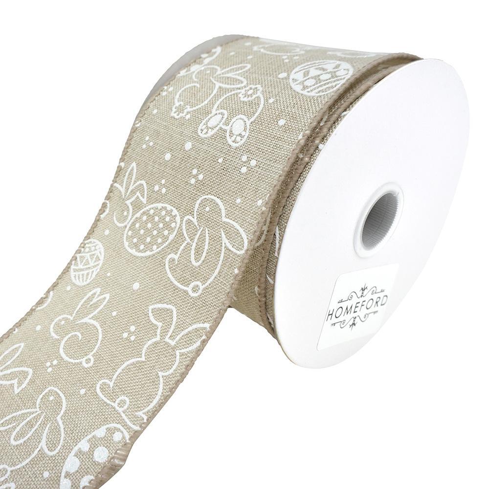Easter Bunny and Egg Wired Linen Ribbon, Natural, 2-1/2-Inch, 10-Yard