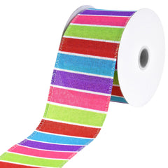 Christmas Holiday Stripes Faux Linen Wired Ribbon, 10-yard