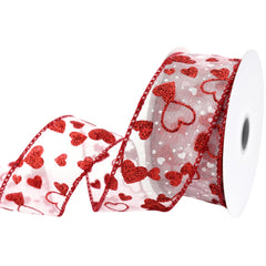 Valentine's Sheer Organza Glittered Hearts Wired Ribbon, 1-1/2-inch, 10-yard