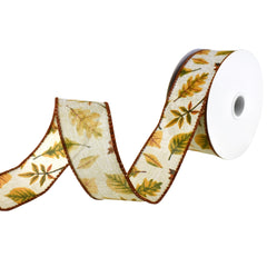 Autumn Falling Leaves Faux Linen Wired Ribbon, 10-yard