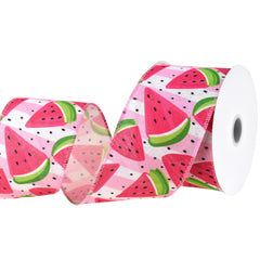 Refreshing Watermelon Slices Stripes Faux Linen Wired Ribbon, 2-1/2-inch, 10-yard
