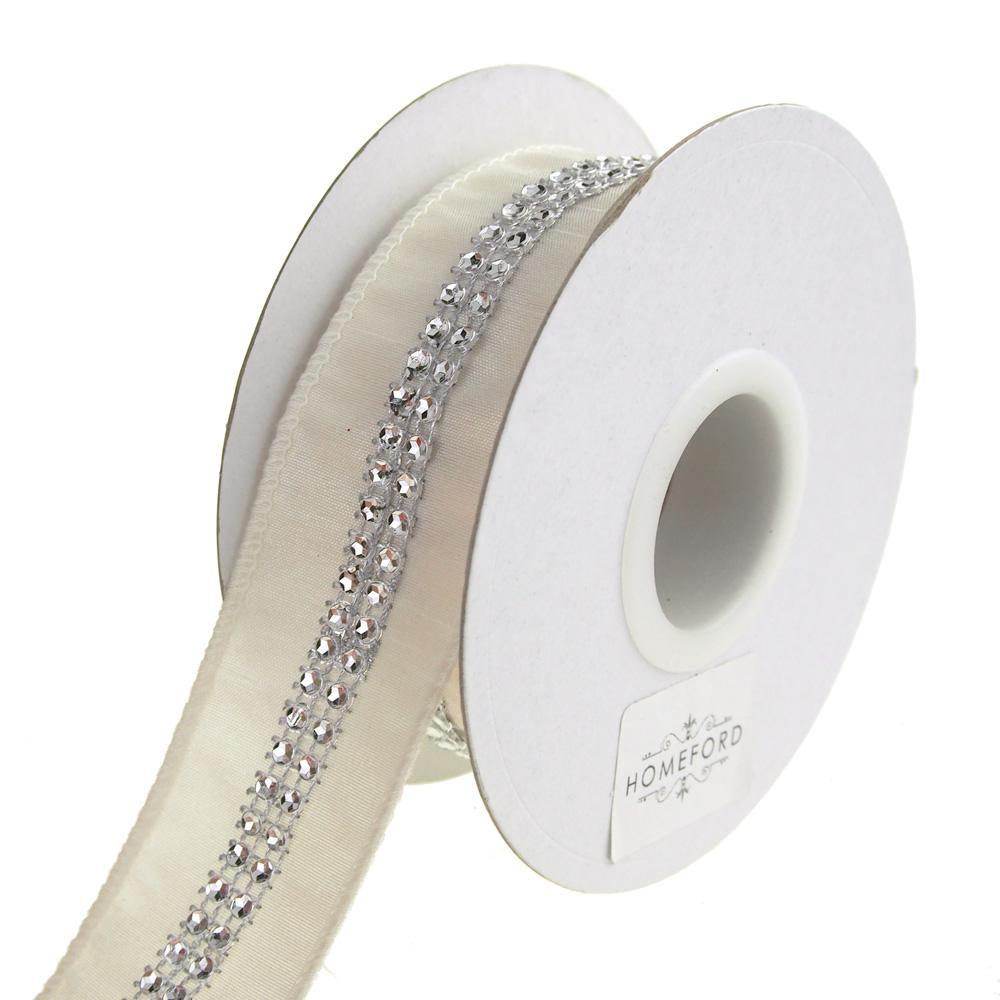 Acrylic Rhinestone Centered Wired Edge Dupioni Ribbon, Ivory, 1-1/2-Inch, 5 Yards