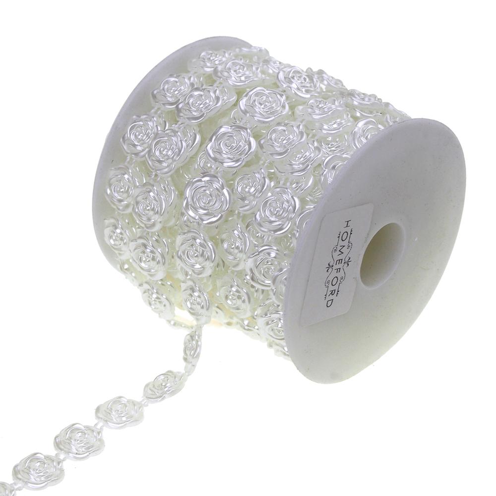 Plastic Rose Pearls Bead Strand Ribbon, 1/2-Inch, 10-Yard, White