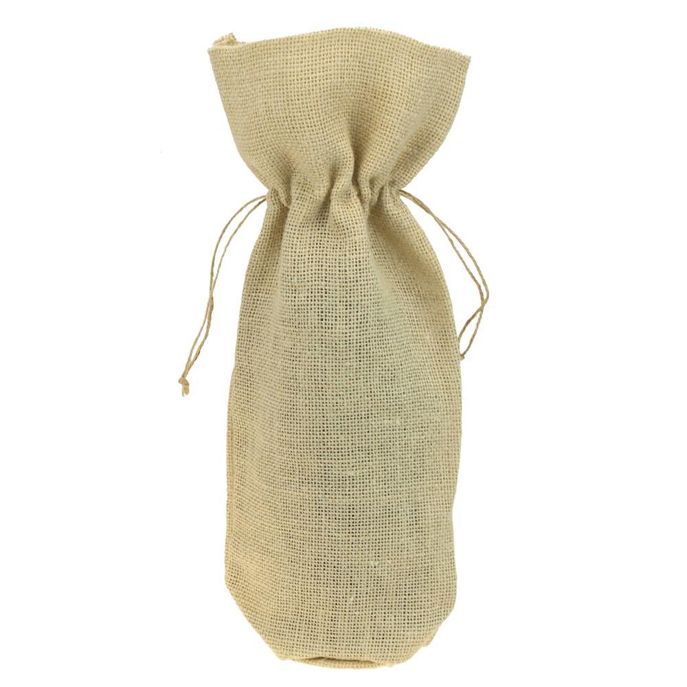 Burlap Wine Bag with Drawstrings, White, 15-Inch