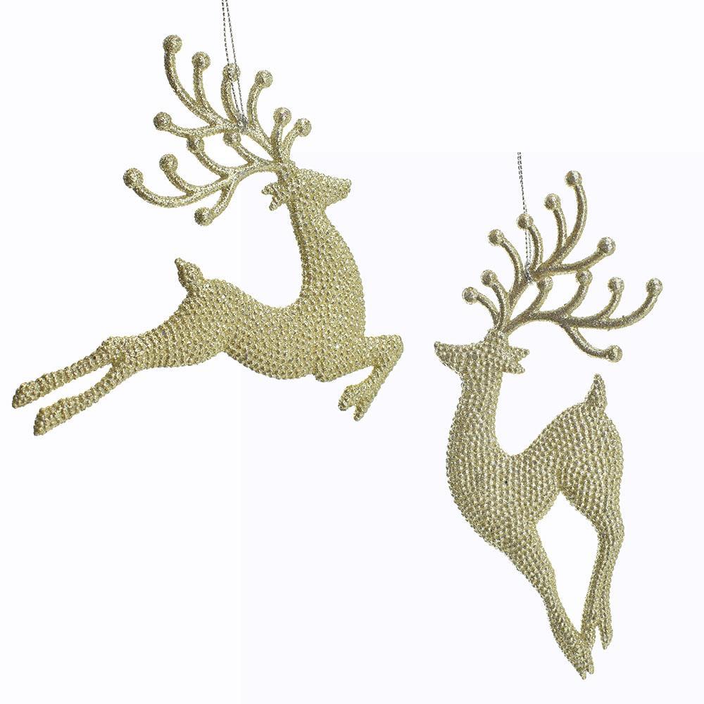 Glitter Embossed Champagne Gold Reindeer Ornaments, 7-Inch, 2-Piece