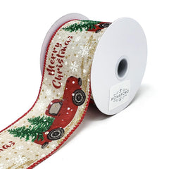 Merry Christmas Red Truck Linen Ribbon, 2-1/2-Inch, 10-Yard