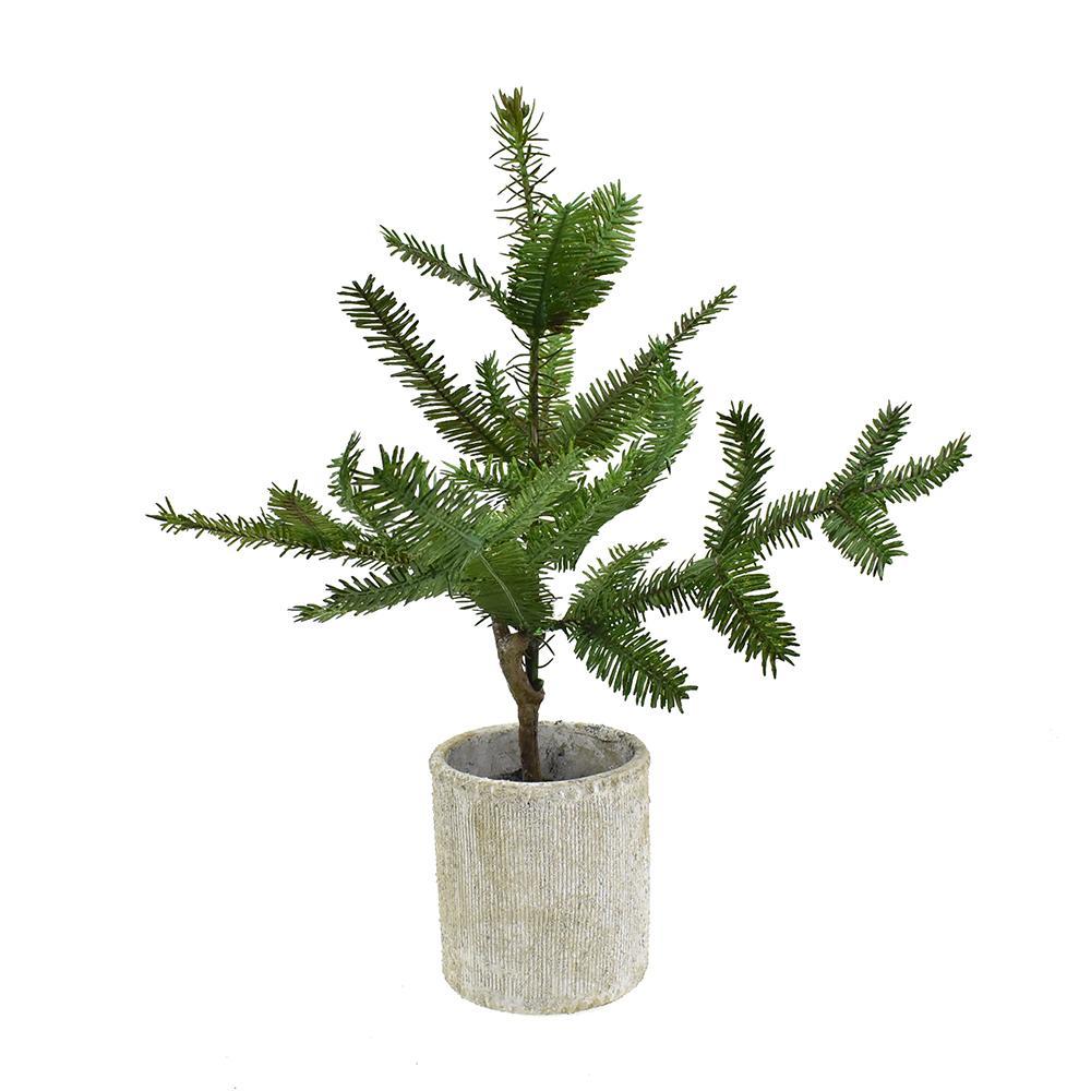 Artificial Pine Tree in Cement Planter, 16-Inch