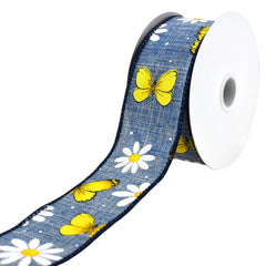 Daisies and Butterflies Faux Linen Wired Ribbon, 10-yard