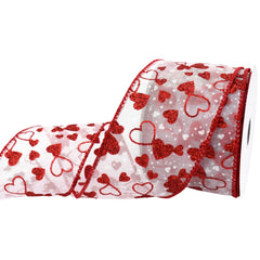 Valentine's Sheer Organza Glittered Hearts Wired Ribbon, 2-1/2-inch, 10-yard