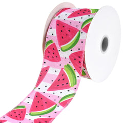 Refreshing Watermelon Slices Stripes Faux Linen Wired Ribbon, 2-1/2-inch, 10-yard