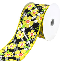 Diagonal Plaid and Flowers Wired Ribbon, 10-yard