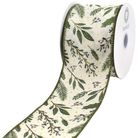 Christmas Foliage Faux Linen Wired Ribbon, 2-1/2-inch, 10-yard