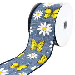 Daisies and Butterflies Faux Linen Wired Ribbon, 10-yard