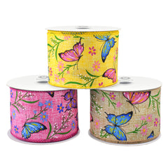 Spring Flowers and Butterflies Wired Ribbon, 2-1/2-inch, 10-yard