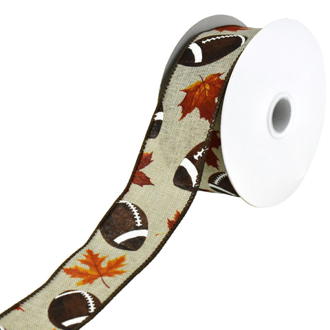 Leaves and Footballs Wired Autumn Fall Ribbon, 10-yard