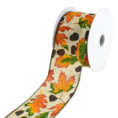 Leaves and Acorns Wired Autumn Fall Ribbon, 10-yard