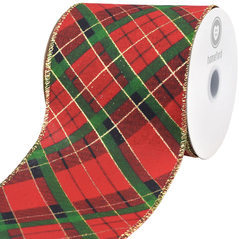 Christmas Glittered Diagonal Plaid Wired Ribbon, 10-yard