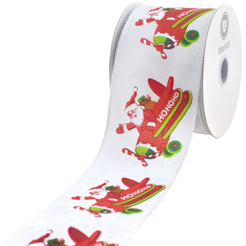 Santa on Plane Christmas Satin Wired Ribbon, 2-1/2-inch, 10-yard