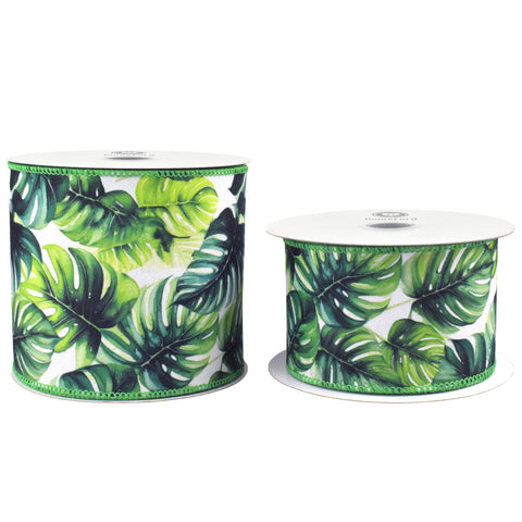 Summer Lush Monstera Leaves Deluxe Wired Ribbon, 10-yard