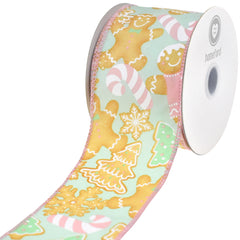 Christmas Gingerbread Cookies Satin Wired Ribbon, 10-yard