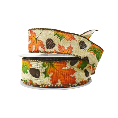 Leaves and Acorns Wired Autumn Fall Ribbon, 10-yard