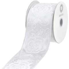 Glittered Wedding Rose Pattern Satin Wired Ribbon, 2-1/2-inch, 10-yard