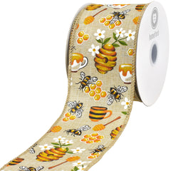 Spring Working Bees Honeycomb Flower Wired Ribbon, 10-yard