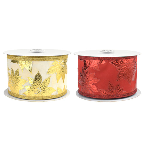 Christmas Metallic Embossed Poinsettias Wired Ribbon, 10-yard