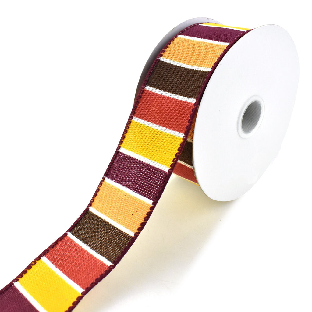 Frida Stripes Wired Autumn Fall Ribbon, Yellow/Cranberry/Chocolate, 1-1/2-Inch, 10-Yard