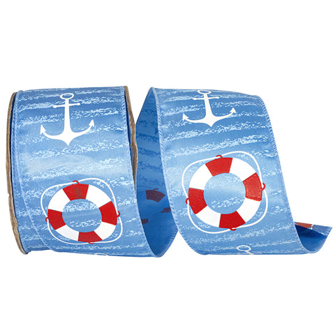 Summer Anchors Life Preservers Satin Wired Ribbon, 2-1/2-inch, 10-yard