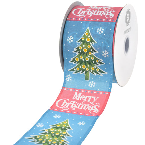 Merry Christmas Tree Pastel Stripes Satin Wired Ribbon, 2-1/2-inch, 10-yard