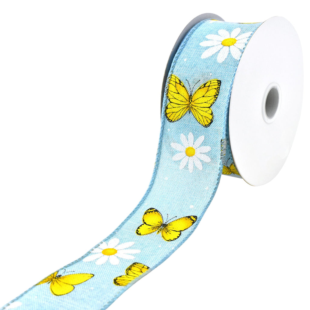 Daisies and Butterflies Faux Linen Wired Ribbon, 10-yard