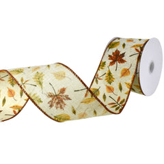 Falling Leaves Faux Linen Wired Autumn Fall Ribbon, 10-yard