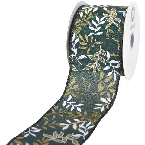 Christmas Pressed Branches Faux Linen Wired Ribbon, 2-1/2-inch, 10-yard