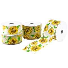 Sunflowers Faux Linen Wired Ribbon, 10-yard