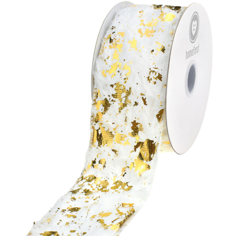 Christmas Faux Fur Metallic Gold Flakes Wired Ribbon, 2-1/2-inch, 5-yard