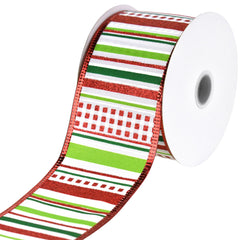 Christmas Patterned Stripes Metallic Edge Wired Ribbon, 10-yard