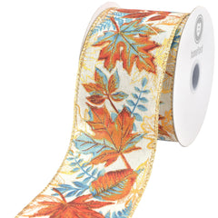 Metallic Fall Leaves Faux Linen Wired Ribbon, 2-1/2-inch, 10-yard, Natural