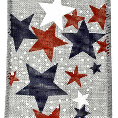 Patriotic Star Bursts Faux Linen Wired Ribbon, 2-1/2-inch, 10-yard