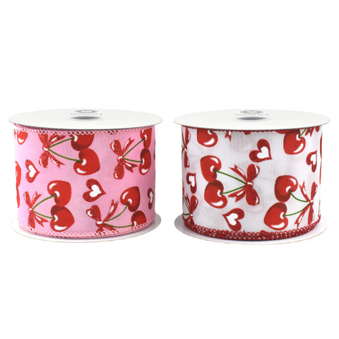 Valentine's Heart Shaped Cherries Wired Ribbon, 10-yard