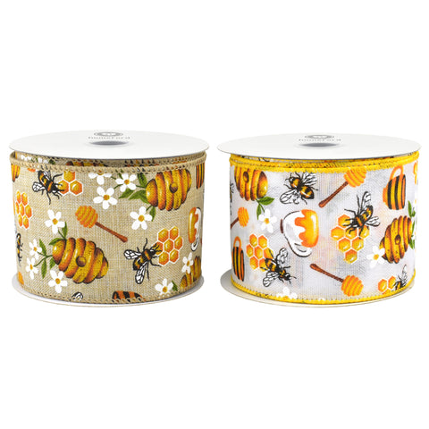 Spring Working Bees Honeycomb Flower Wired Ribbon, 10-yard