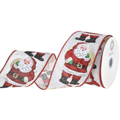 Christmas Glittered Santa Snowflakes Faux Linen Wired Ribbon, 2-1/2-inch, 10-yard