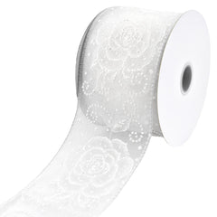 Sheer Organza Rose Pattern Glitter Dots Wired Ribbon, 2-1/2-inch, 10-yard